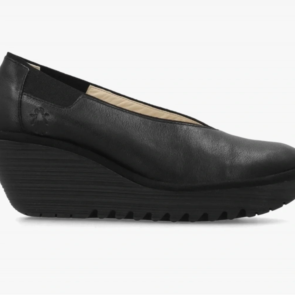 Fly London Black Leather Wedge Slip-Ons